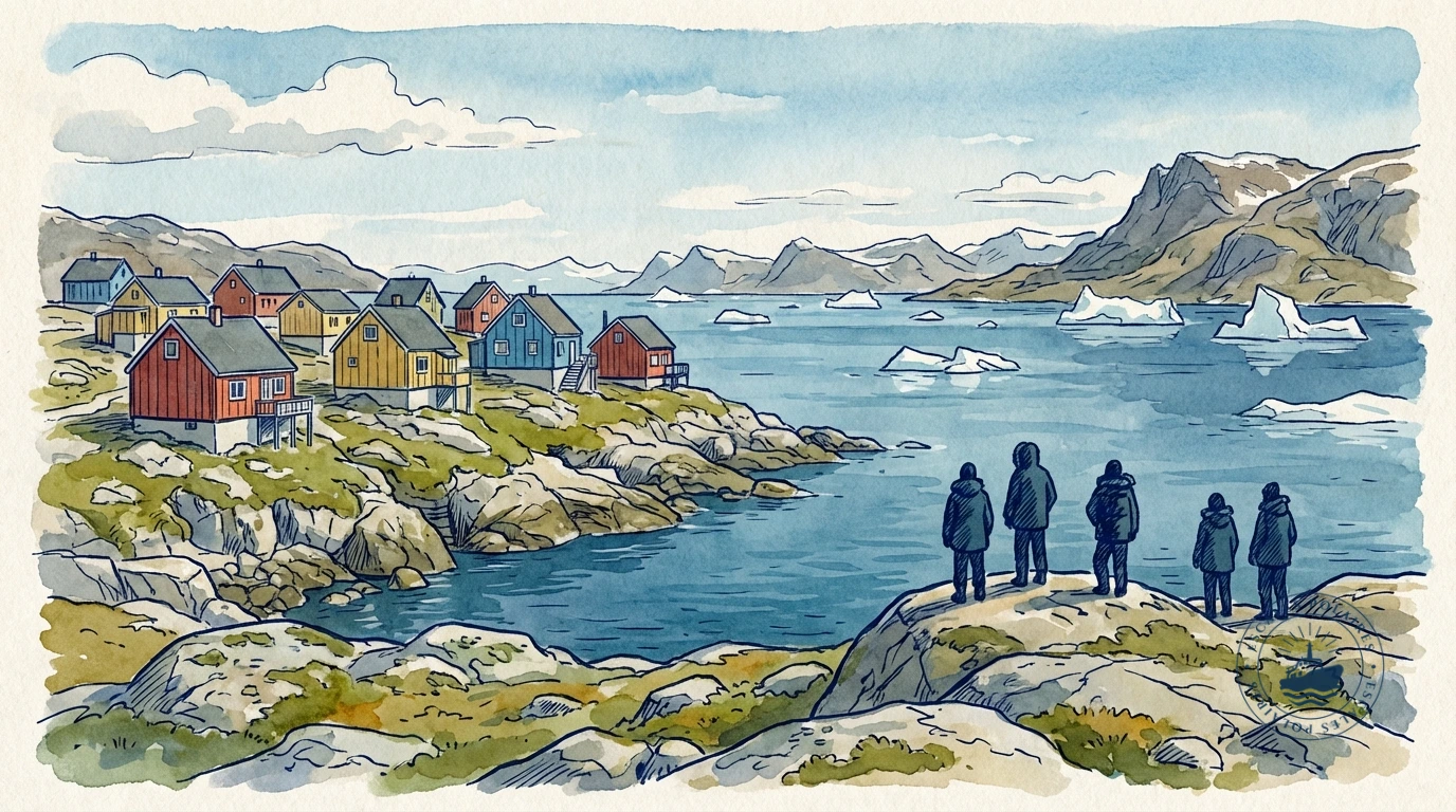 Village inuit coloré au bord de l'eau avec des bateaux de pêche au Groenland