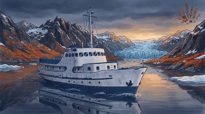 Navire entrant dans un fjord du Spitzberg pour chercher un mouillage