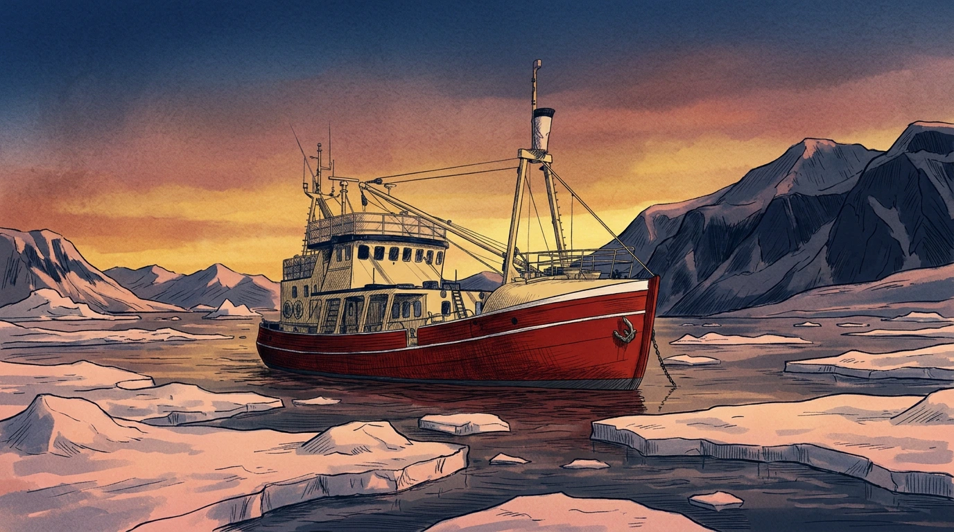 Navire au mouillage dans un fjord calme du Spitzberg au soleil rasant