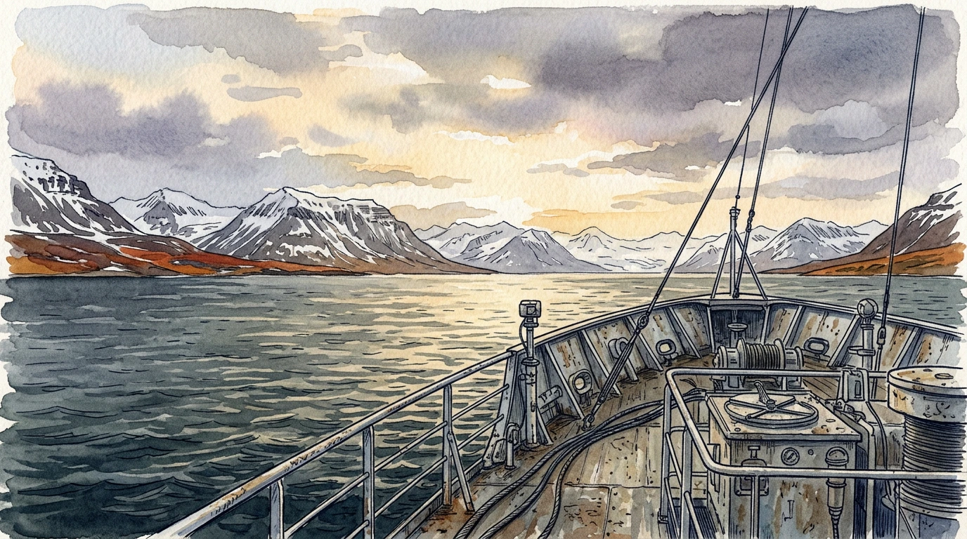 Navire au Spitzberg sous lumière rasante au printemps