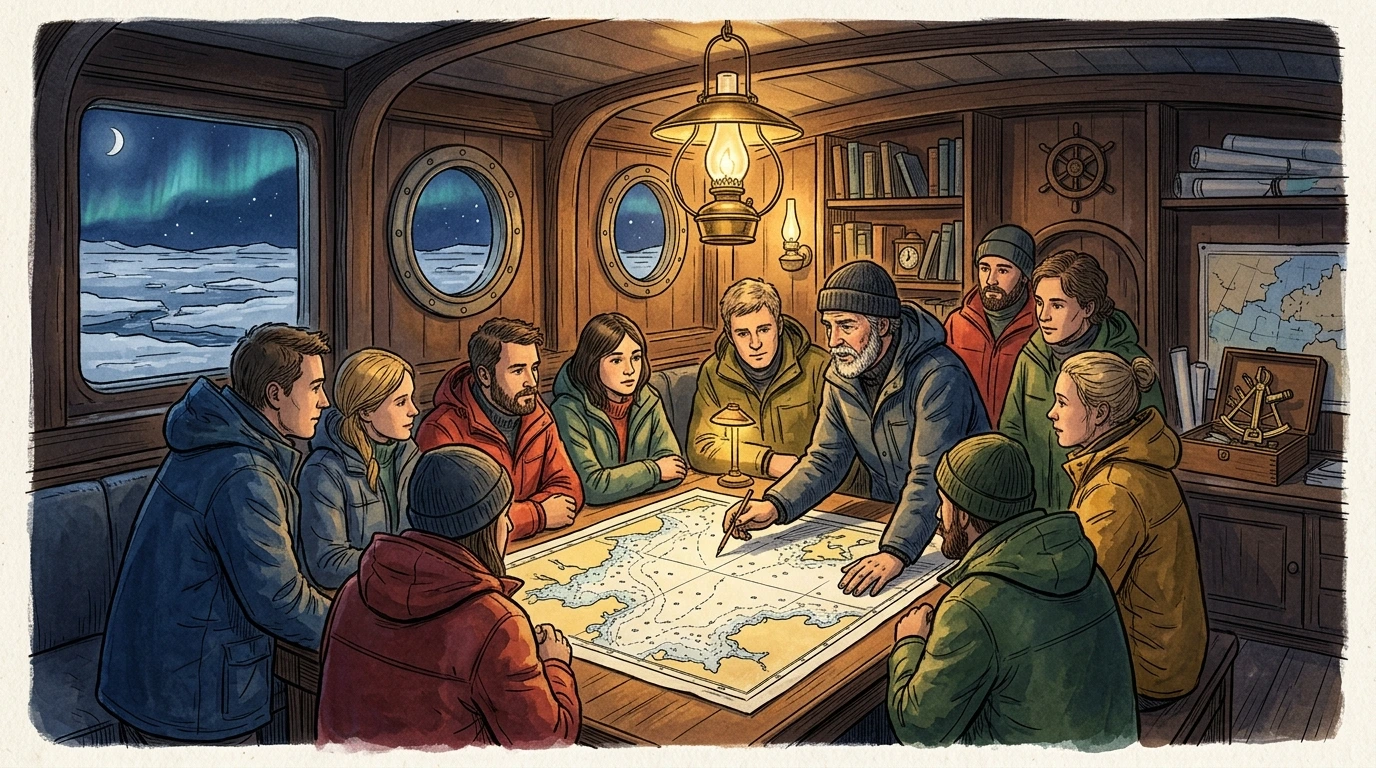 Briefing navigation à bord avec 12 passagers en croisière d’aventure