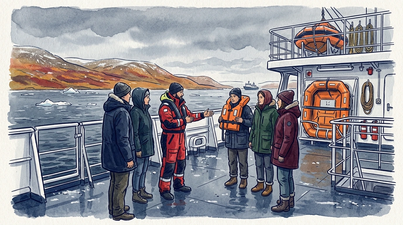 Briefing sécurité à bord d’un navire avec petit groupe